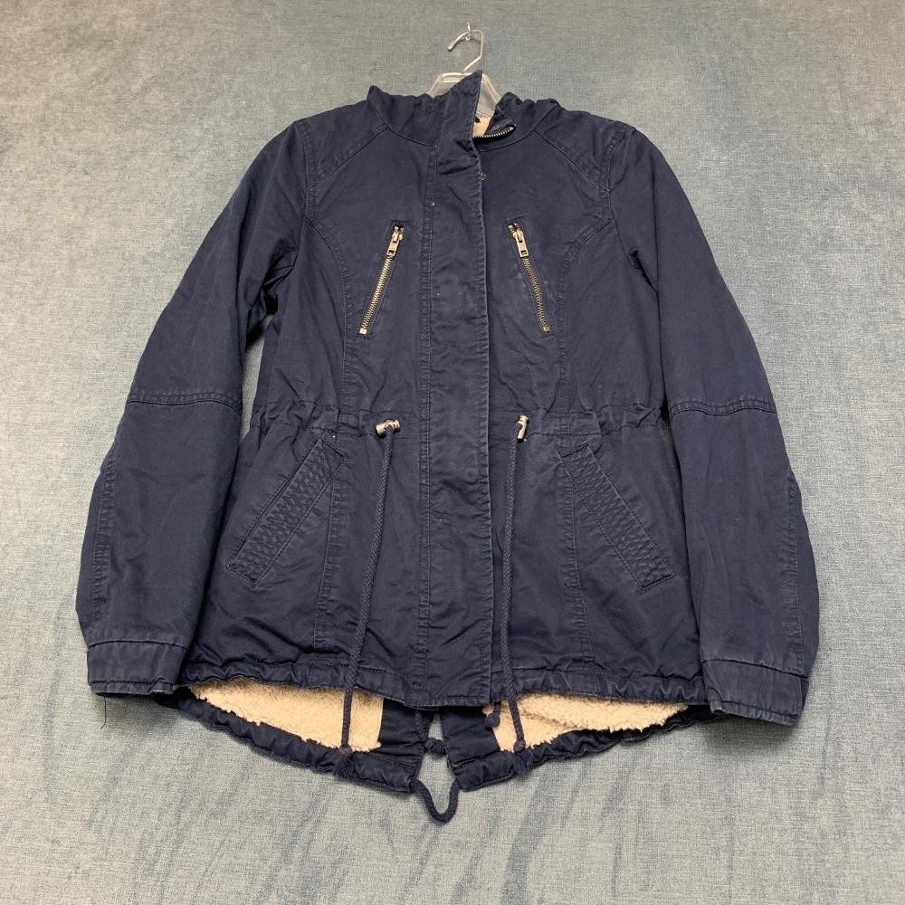 Divided by H&M Parka Jacket Womens 2 Navy Blue Sherpa Lined Full Zip Back Slit